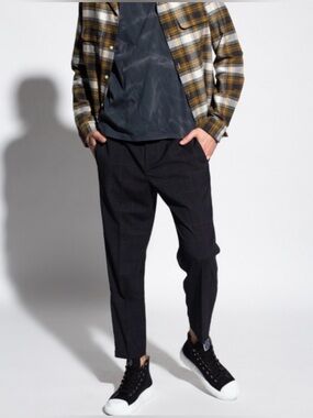 AllSaints Garth Trouser, Charcoal Black Plaid Tartan Men’s Pants w/ Zippers, 28